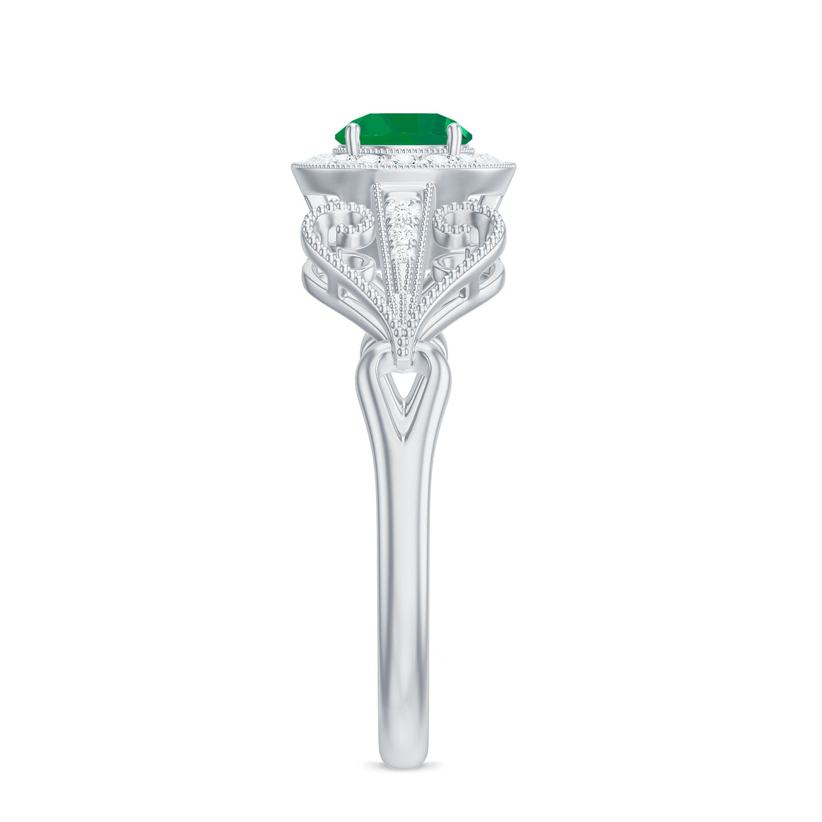 Vintage-inspired engagement ring featuring AAA quality emerald and diamonds, set in an elegant design by Rosec Jewels.