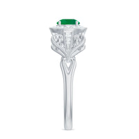 Vintage-inspired engagement ring featuring AAA quality emerald and diamonds, set in an elegant design by Rosec Jewels.