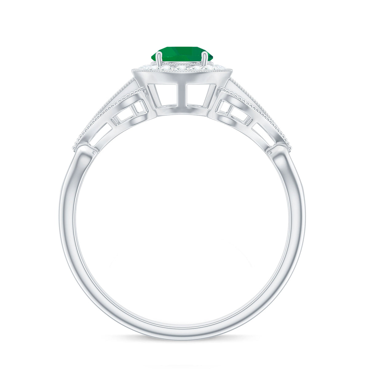 Vintage-inspired engagement ring featuring a AAA quality emerald center stone with diamond accents, crafted by Rosec Jewels.