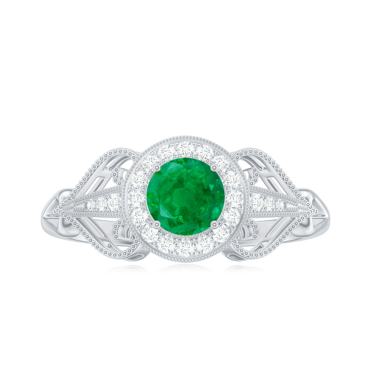 AAA quality emerald and diamond vintage-inspired engagement ring by Rosec Jewels, featuring intricate design and sparkling gemstones.
