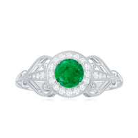 AAA quality emerald and diamond vintage-inspired engagement ring by Rosec Jewels, featuring intricate design and sparkling gemstones.
