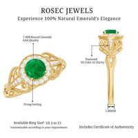 Vintage-inspired engagement ring featuring AAA quality emerald and diamonds, set in a Rosec Jewels ring design.