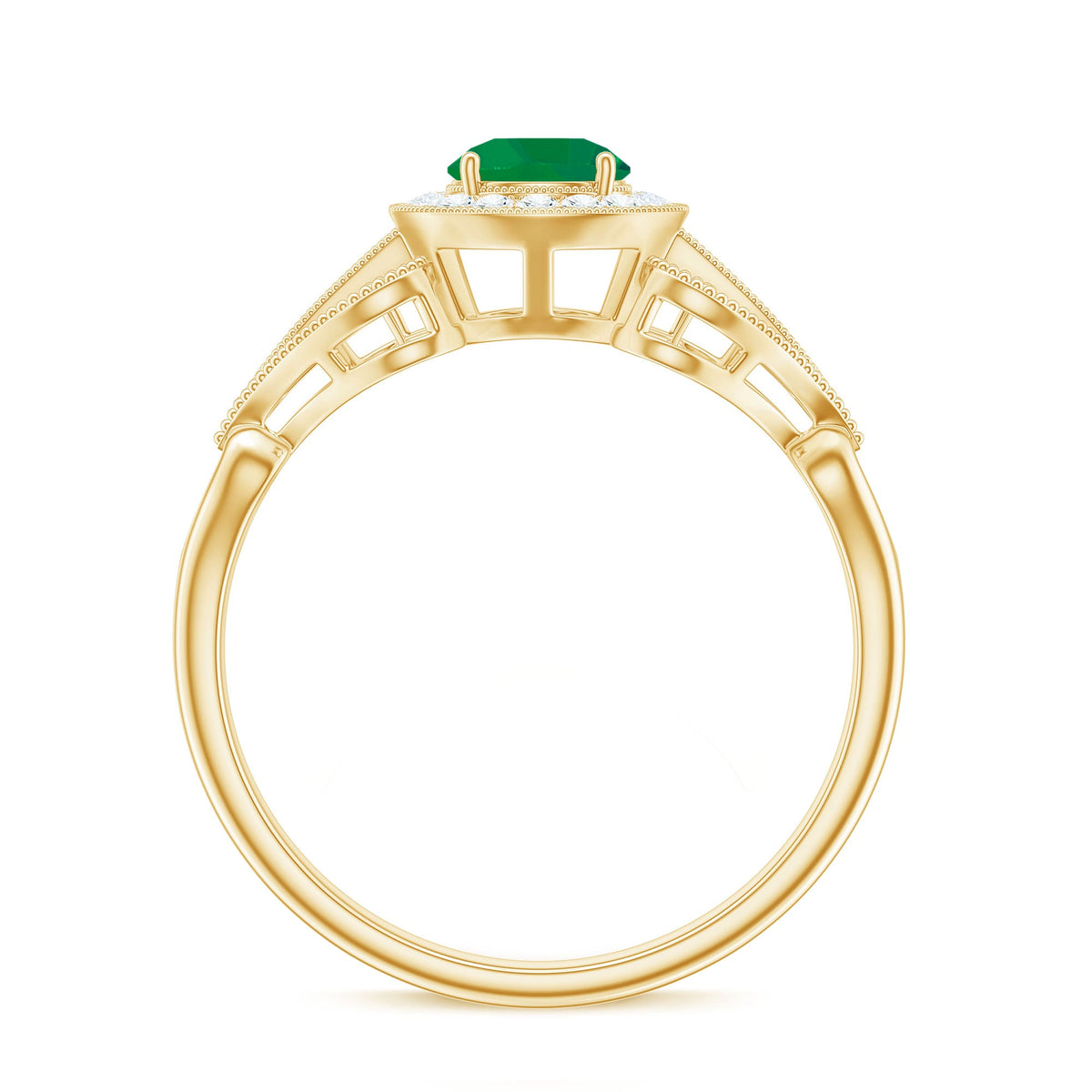Vintage-inspired engagement ring featuring AAA quality emerald and diamond accents from Rosec Jewels.
