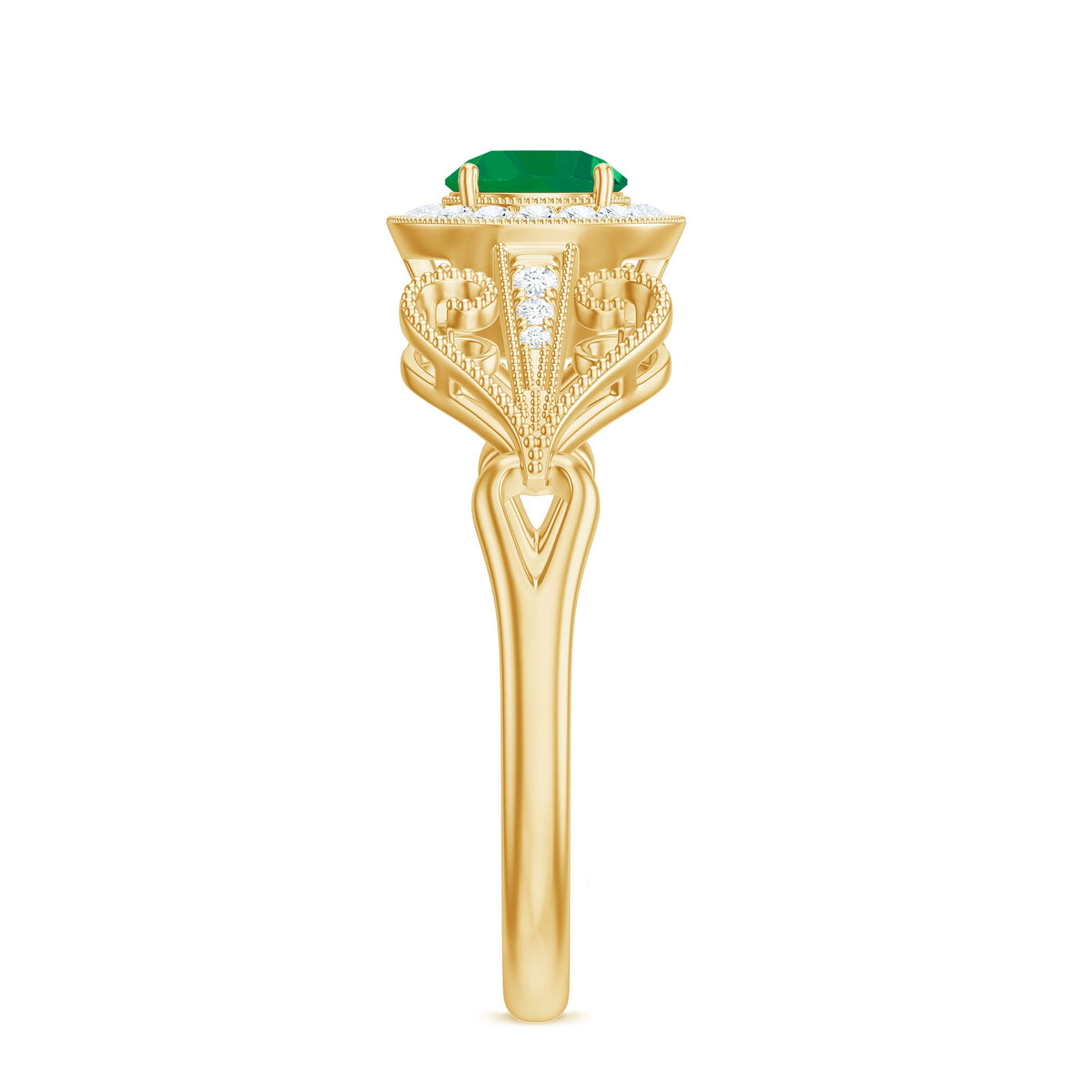 Vintage-inspired engagement ring featuring AAA quality emerald and diamond accents by Rosec Jewels, showcasing intricate design details.