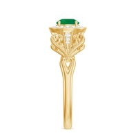 Vintage-inspired engagement ring featuring AAA quality emerald and diamond accents by Rosec Jewels, showcasing intricate design details.