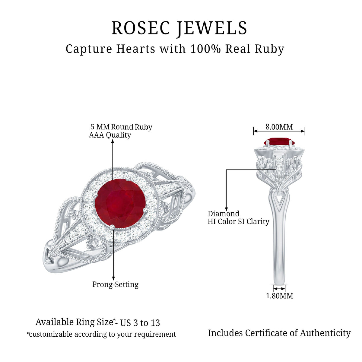 Natural 0.6 Carat Ruby Retro Engagement Ring with Diamond Halo