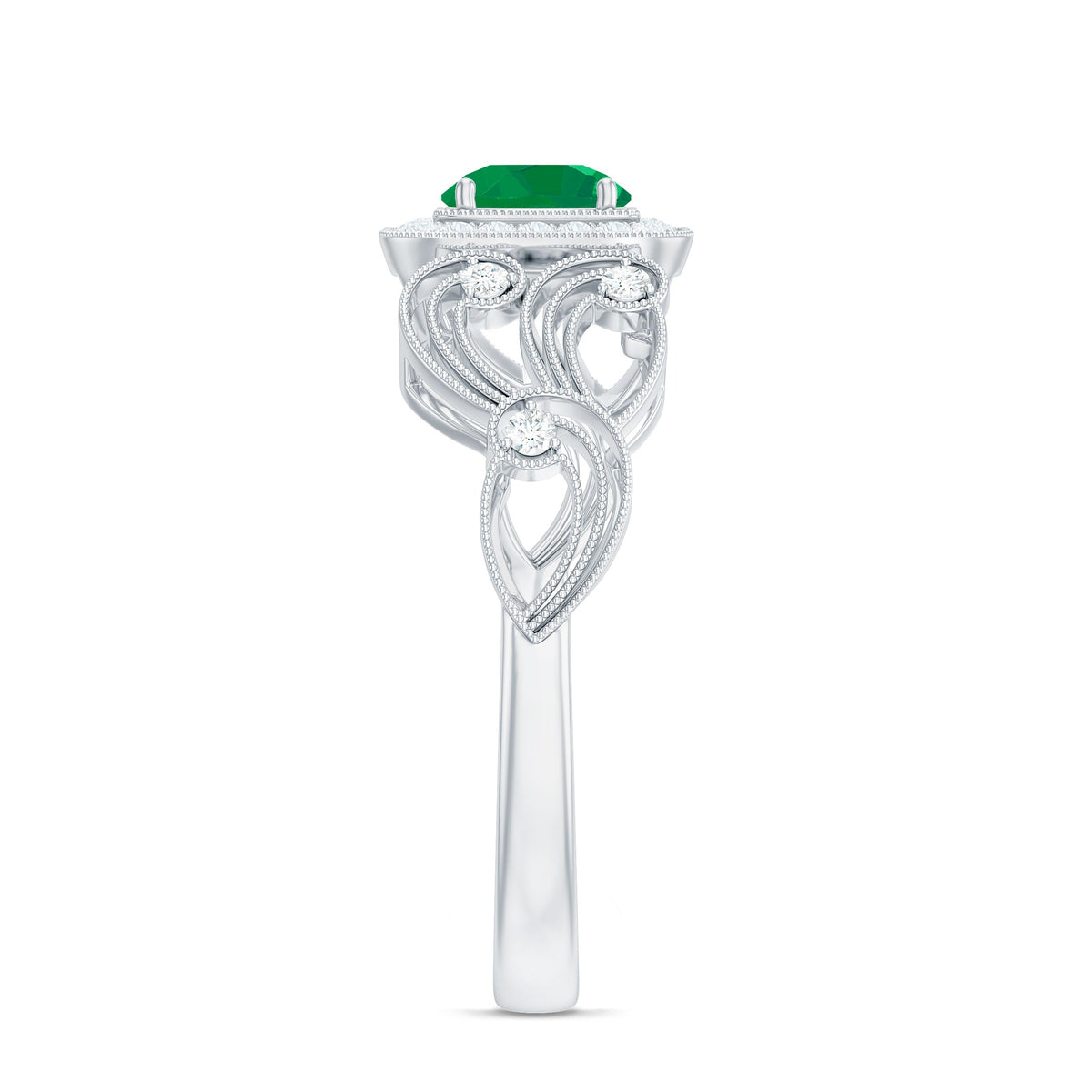 Vintage emerald engagement ring with diamond halo, Rosec Jewels, showcasing intricate design and sparkling gemstones.