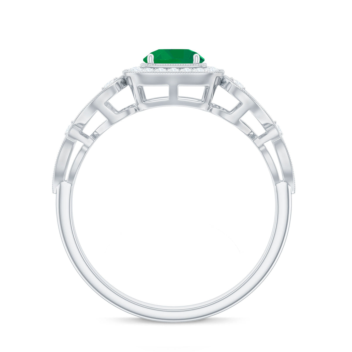 Vintage emerald engagement ring with diamond halo from Rosec Jewels, featuring an intricate design and sparkling gemstones.
