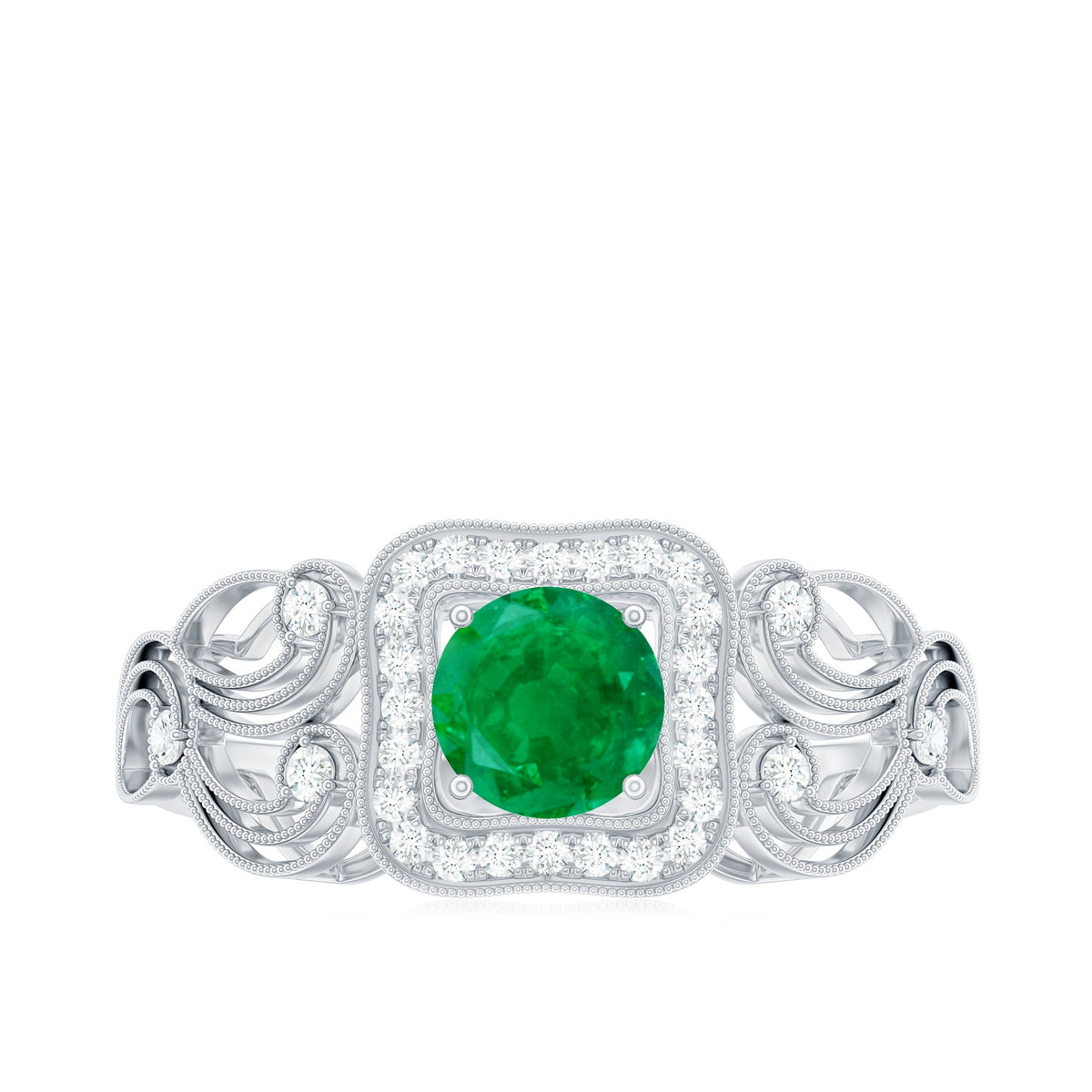 Vintage emerald engagement ring with diamond halo by Rosec Jewels, showcasing a detailed emerald gemstone and sparkling diamond accents.