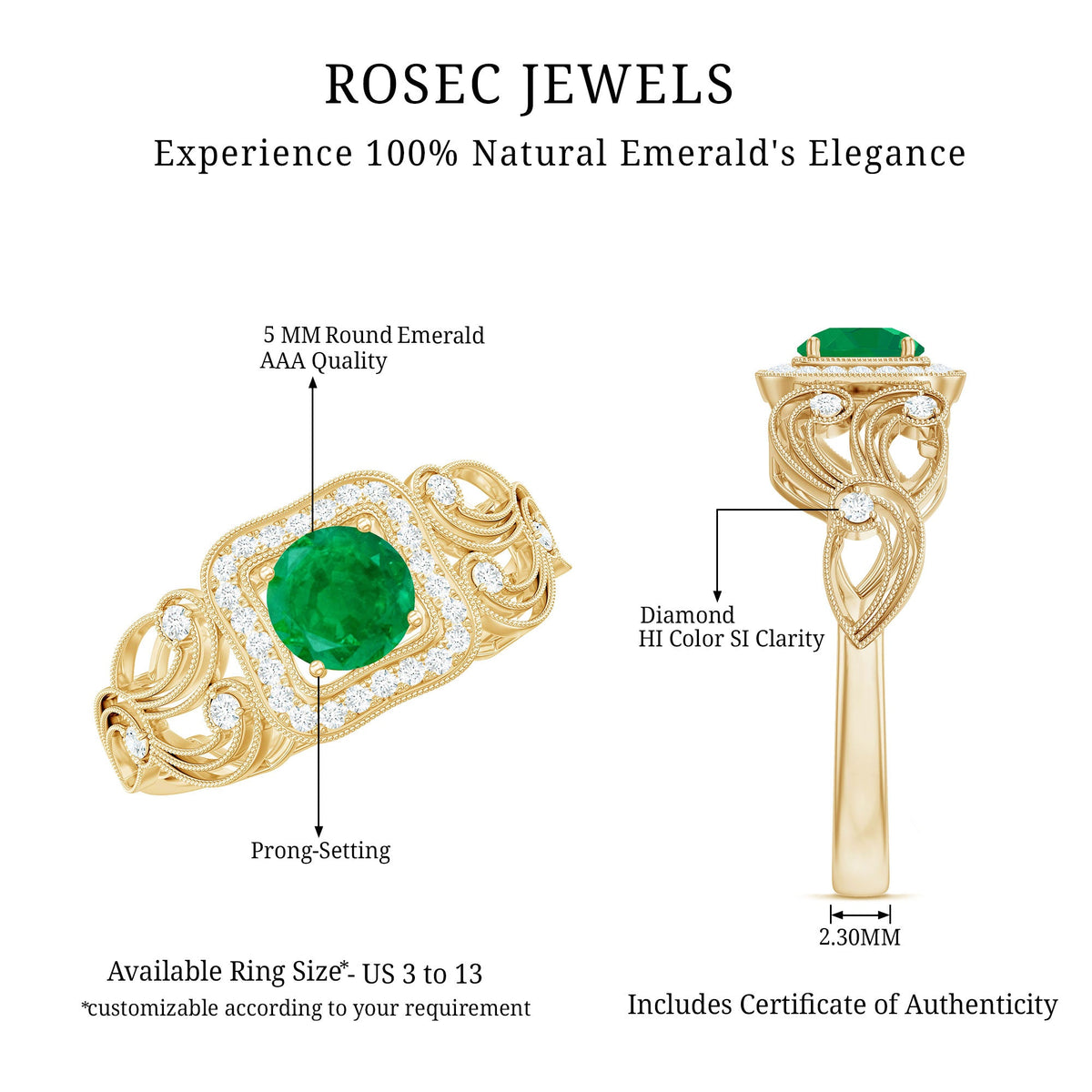 Vintage emerald engagement ring with diamond halo from Rosec Jewels, featuring intricate metalwork and sparkling gemstones.