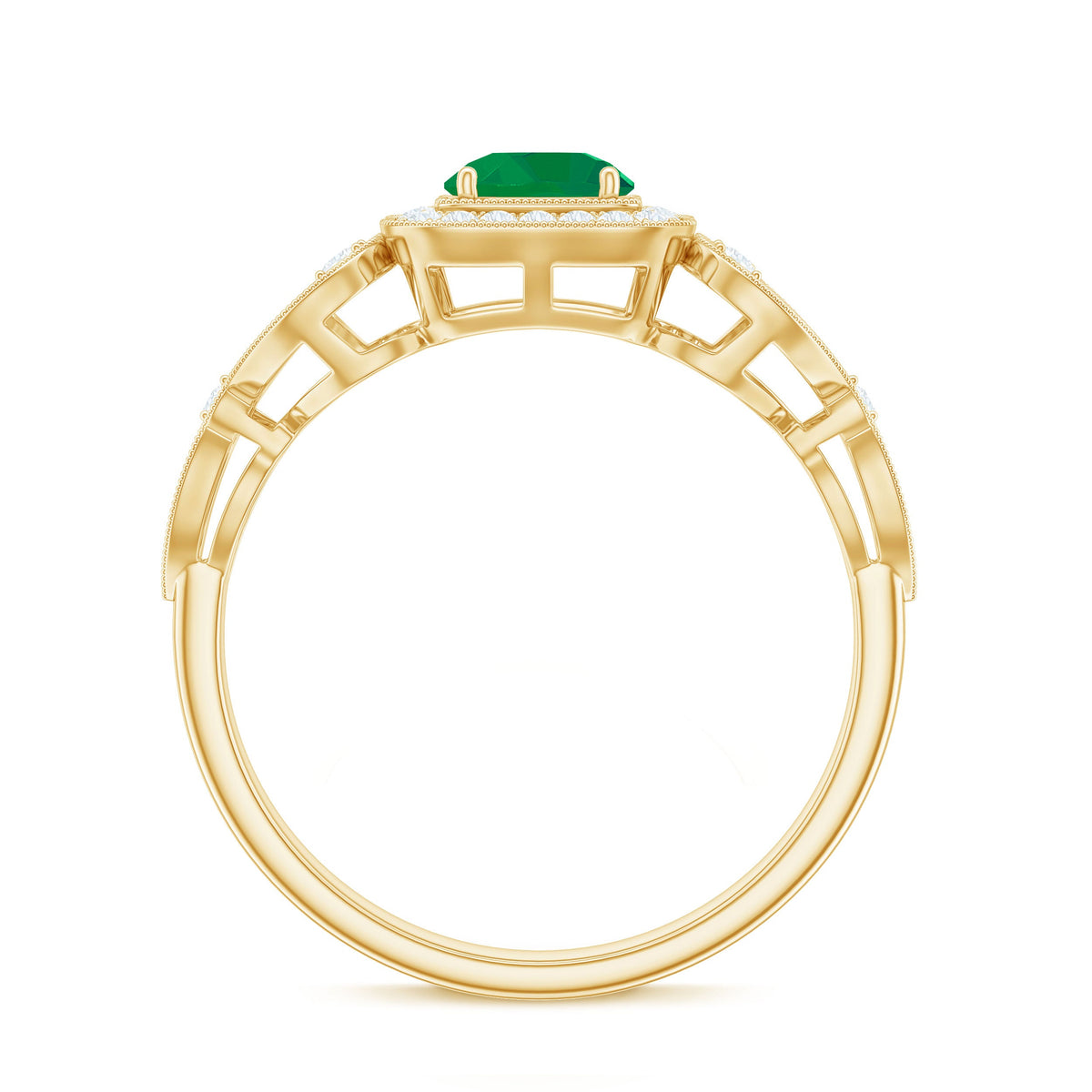 Vintage-looking emerald engagement ring with diamond halo from Rosec Jewels, featuring intricate metalwork and sparkling gemstones.