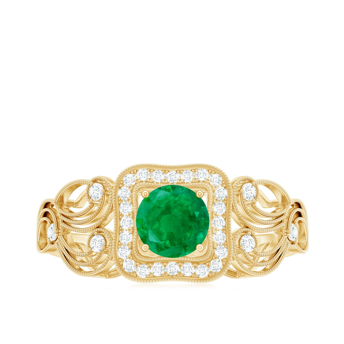 Vintage looking emerald engagement ring with diamond halo from Rosec Jewels, featuring intricate metalwork and sparkling gemstones.