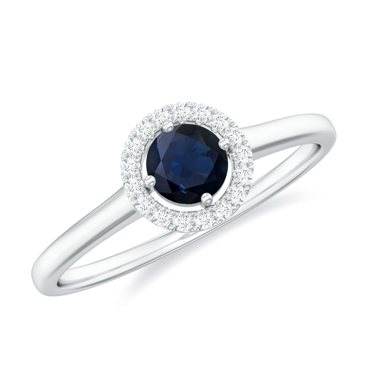 Dainty blue sapphire and diamond floating halo ring by Rosec Jewels, featuring a delicate design with sparkling gemstones.