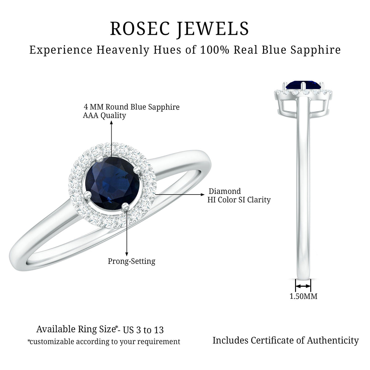 Dainty blue sapphire and diamond floating halo ring by Rosec Jewels, featuring a central sapphire surrounded by sparkling diamonds.