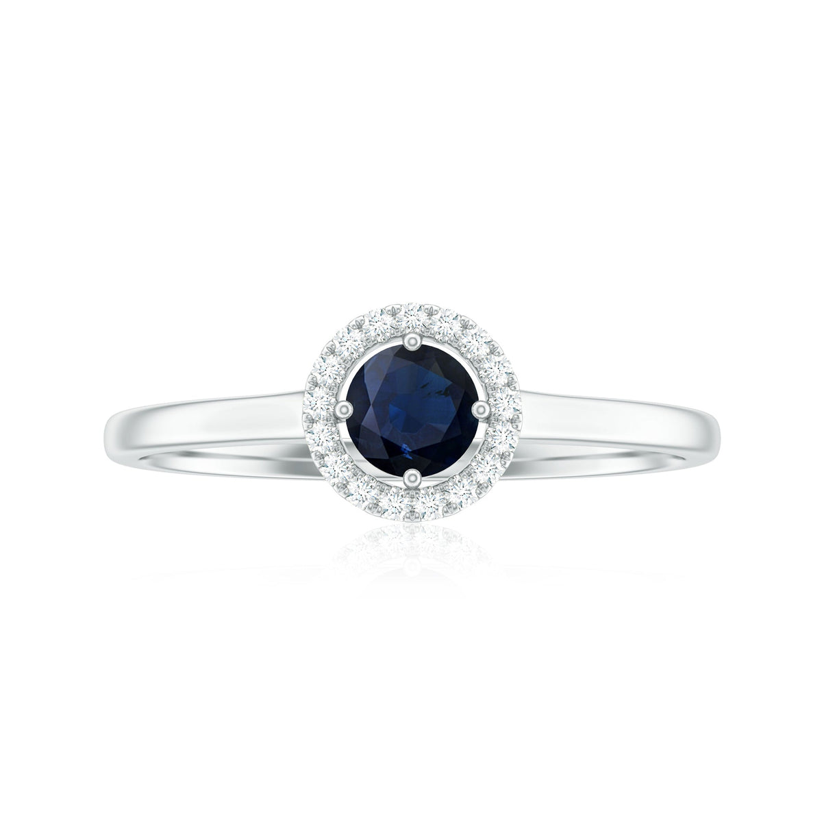 Dainty blue sapphire and diamond floating halo ring by Rosec Jewels, featuring a central sapphire surrounded by sparkling diamonds.