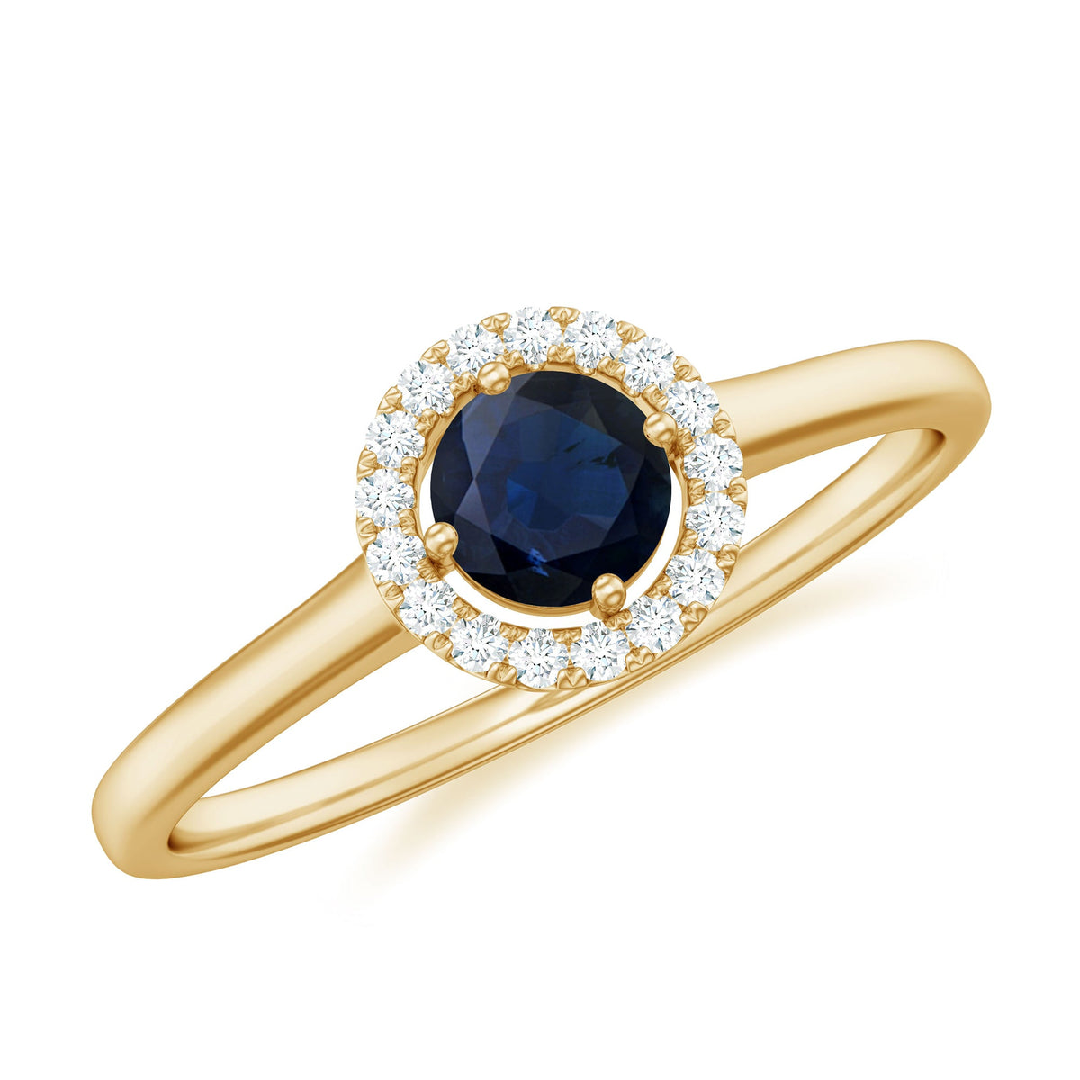Dainty blue sapphire and diamond floating halo ring by Rosec Jewels featuring a central sapphire surrounded by diamonds.