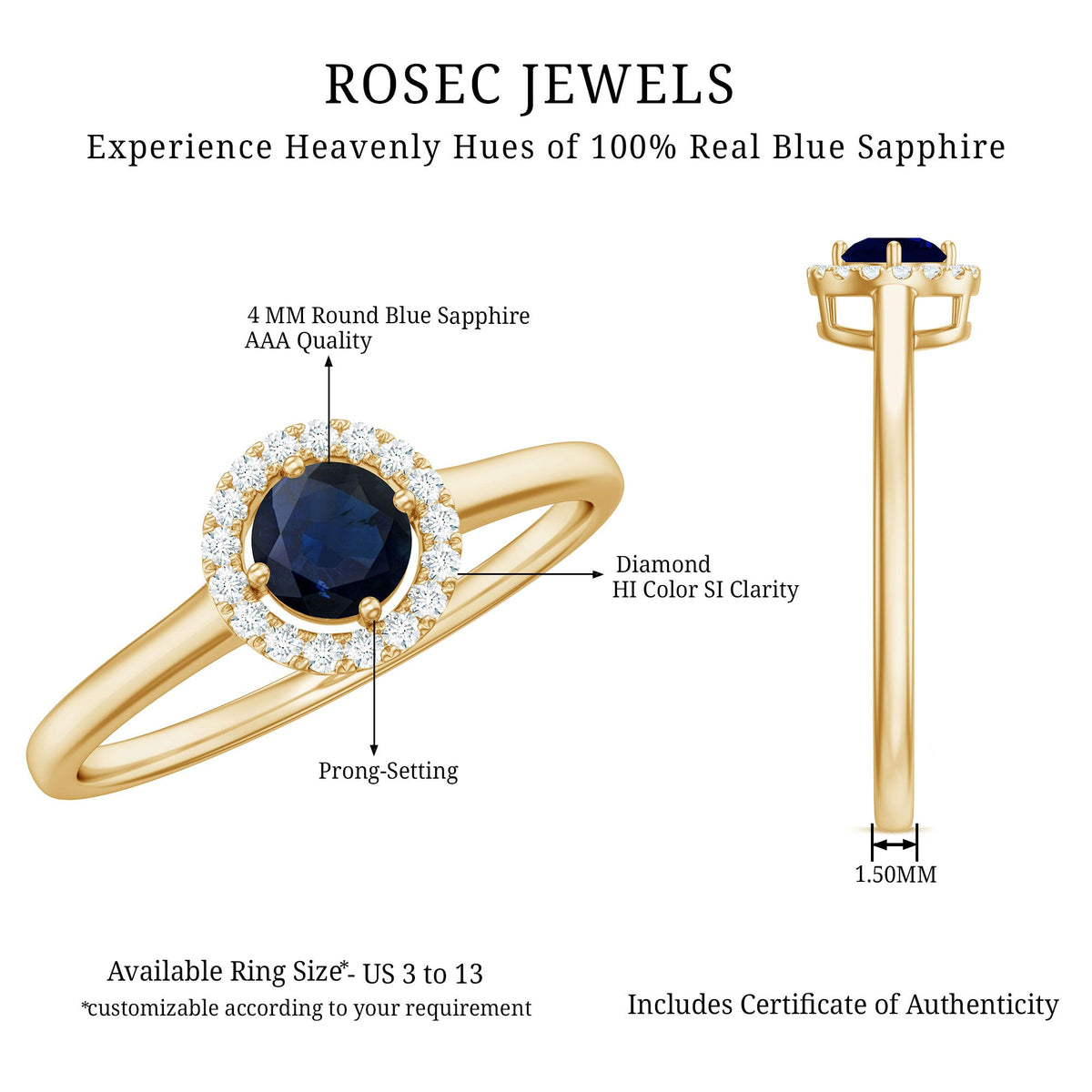 Dainty blue sapphire and diamond floating halo ring by Rosec Jewels featuring a central sapphire surrounded by sparkling diamonds.