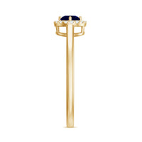 Dainty blue sapphire and diamond floating halo ring by Rosec Jewels, featuring a delicate band with sparkling stones.