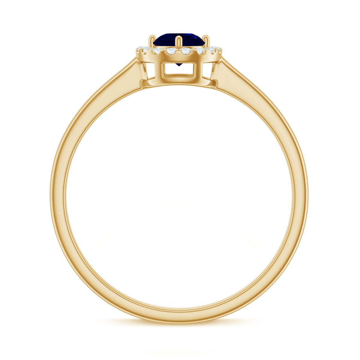Dainty blue sapphire and diamond floating halo ring by Rosec Jewels, featuring a central sapphire surrounded by sparkling diamonds.