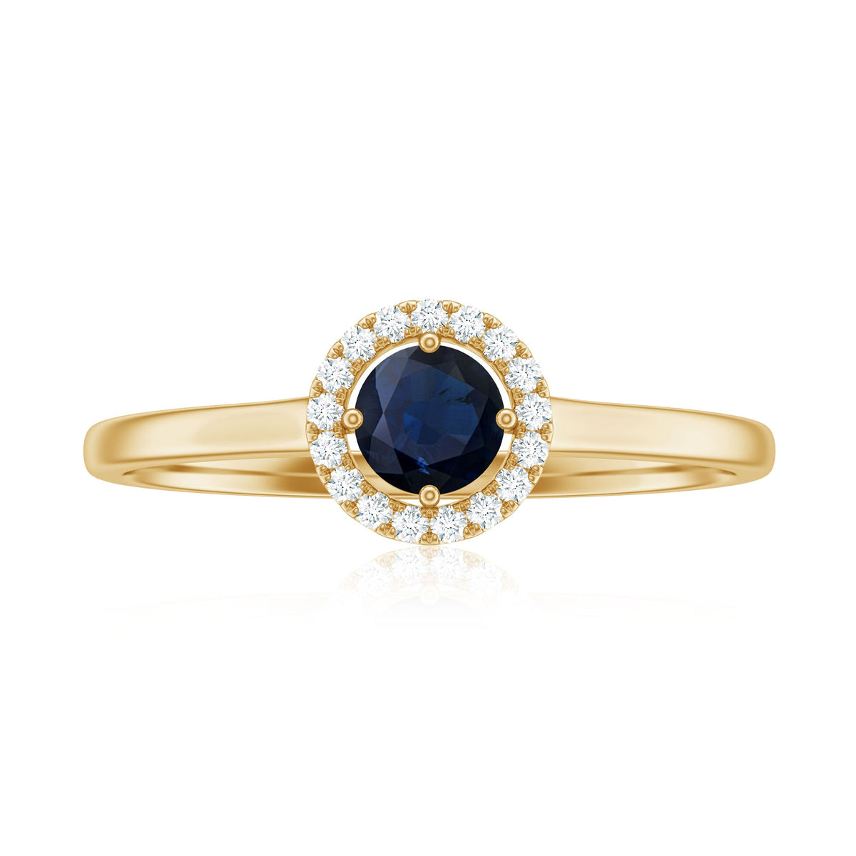 Dainty blue sapphire and diamond floating halo ring by Rosec Jewels showing the ring with blue gemstone and sparkling diamonds in a delicate design.