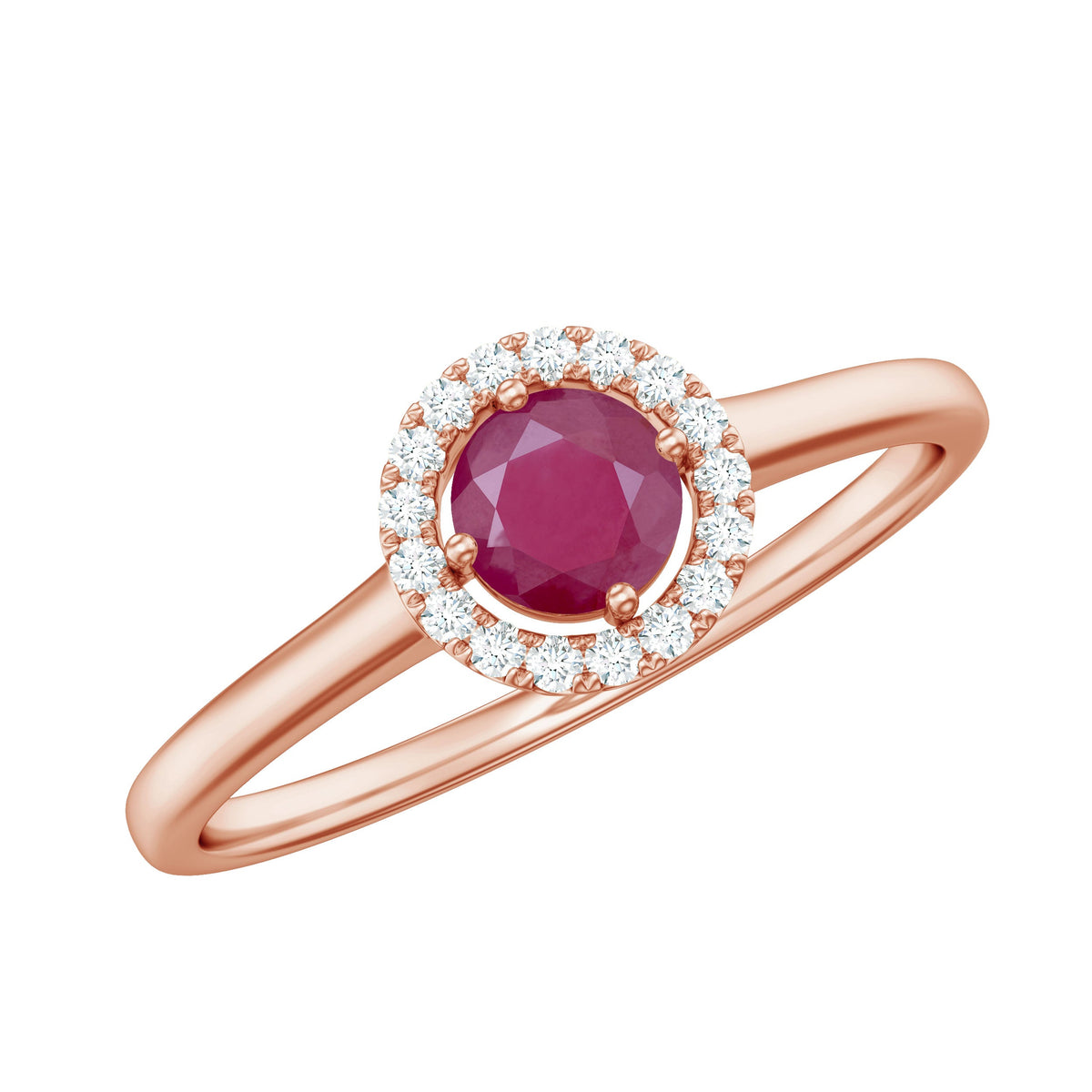 Genuine ruby promise ring with diamond halo featuring a central ruby gemstone and sparkling diamonds in a rose gold setting.