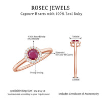 Genuine Ruby promise ring with diamond halo from Rosec Jewels, featuring a central ruby surrounded by sparkling diamonds.