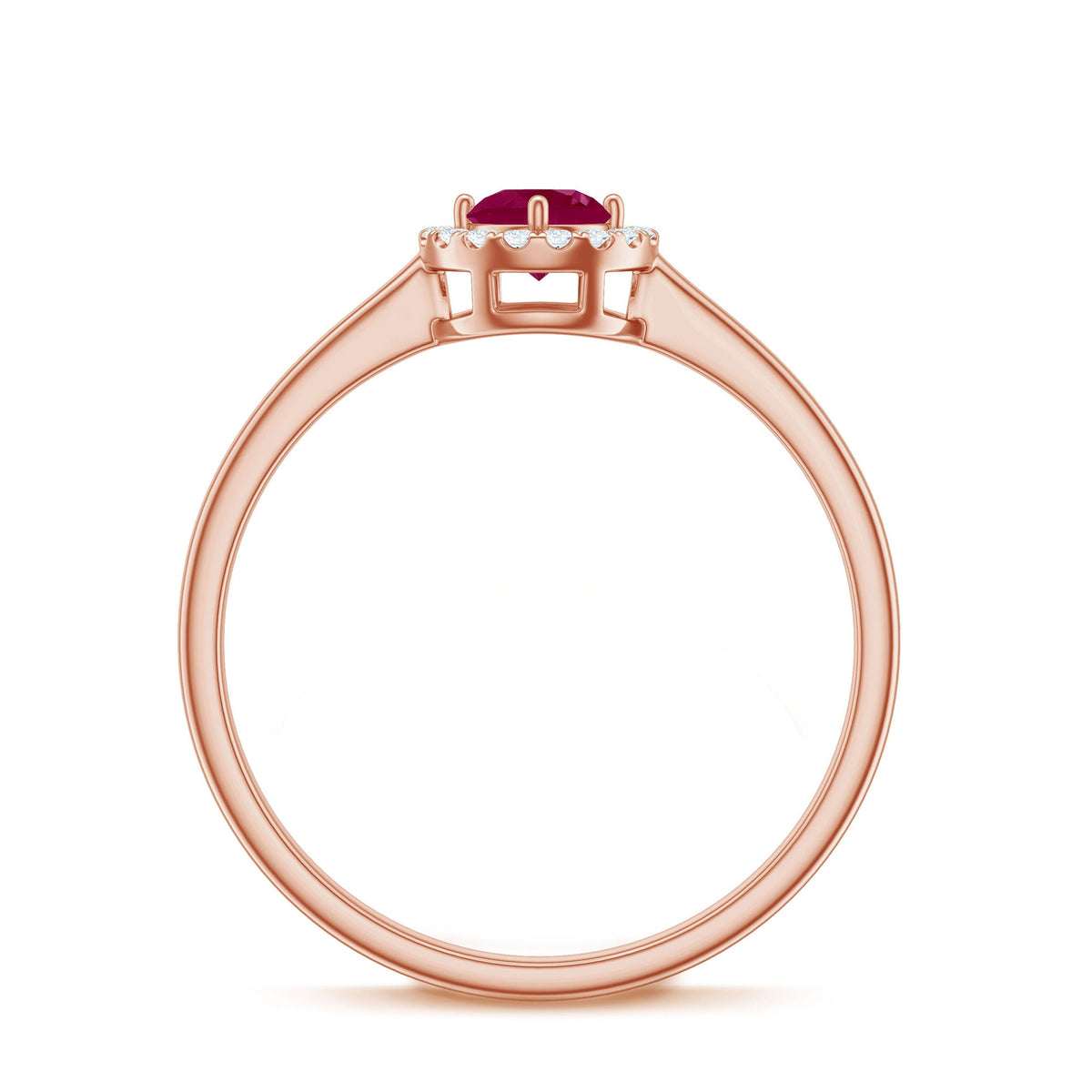 Genuine Ruby promise ring with diamond halo from Rosec Jewels, showcasing a sparkling ruby center and elegant diamond accents.
