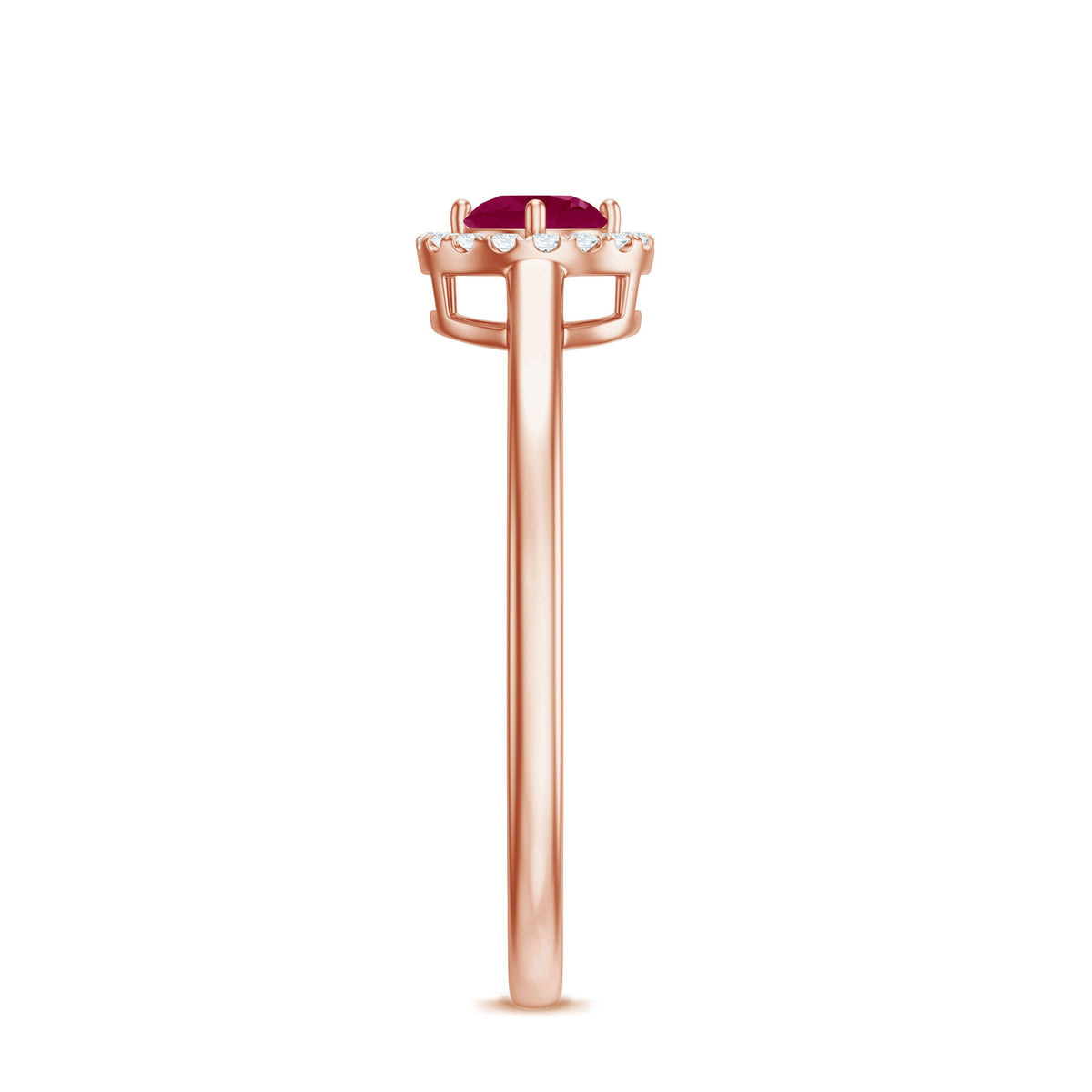 Genuine ruby promise ring with diamond halo from Rosec Jewels, showcasing a central ruby surrounded by sparkling diamonds.