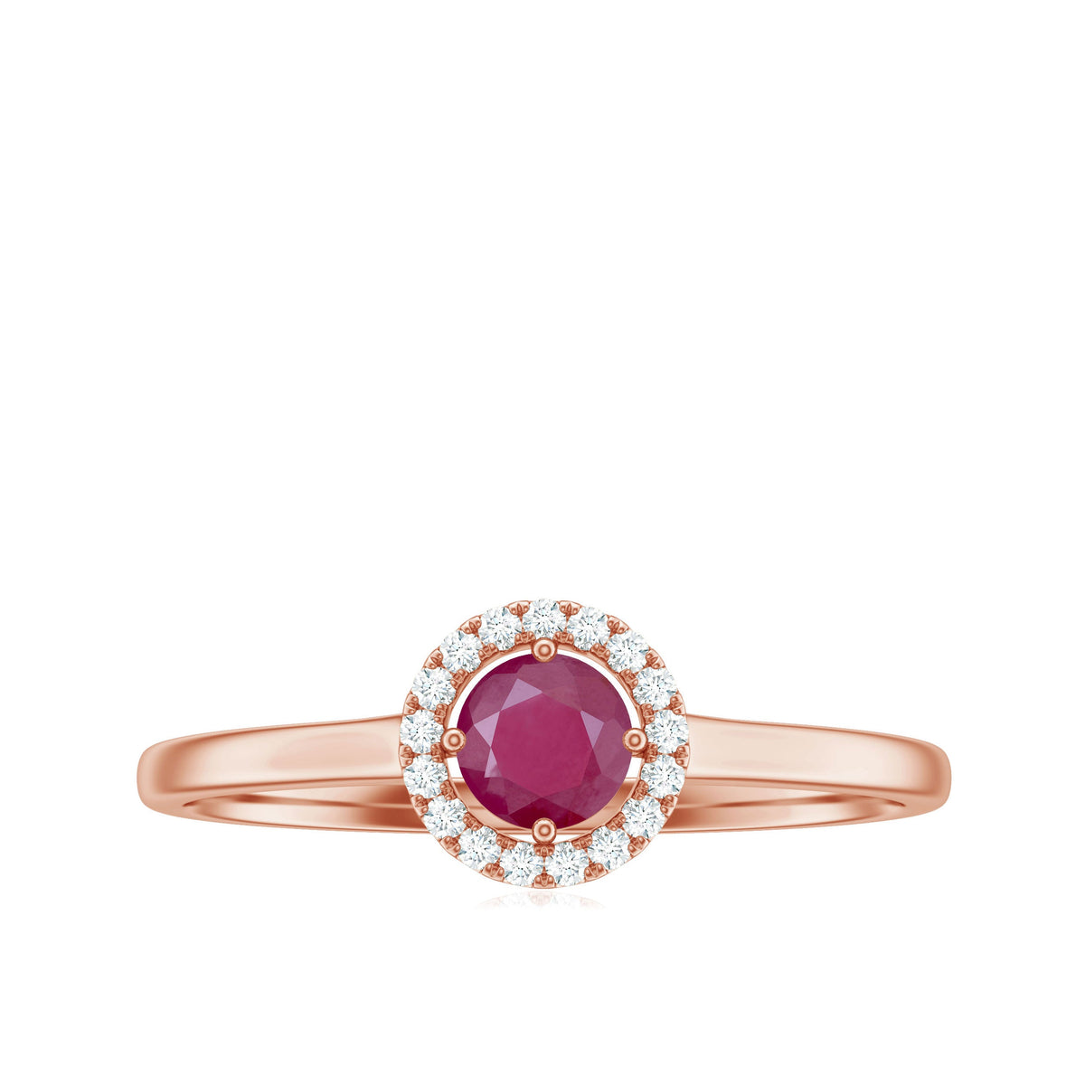 Genuine ruby promise ring with diamond halo from Rosec Jewels, featuring a central ruby surrounded by sparkling diamonds.