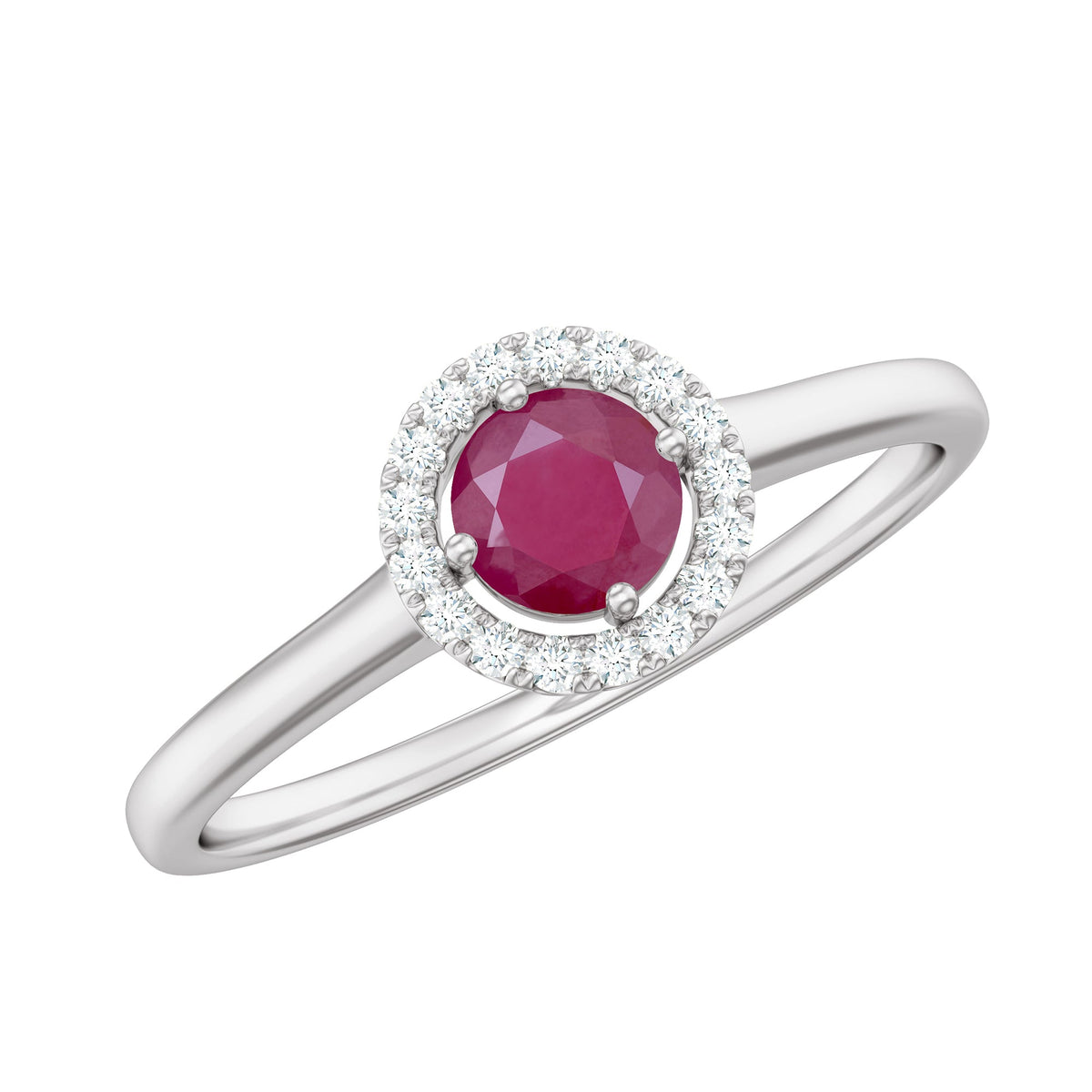 Genuine ruby promise ring with diamond halo from Rosec Jewels, featuring a central ruby gemstone surrounded by sparkling diamonds.