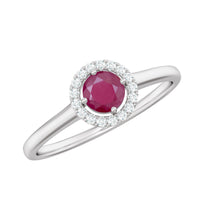 Genuine ruby promise ring with diamond halo from Rosec Jewels, featuring a central ruby gemstone surrounded by sparkling diamonds.