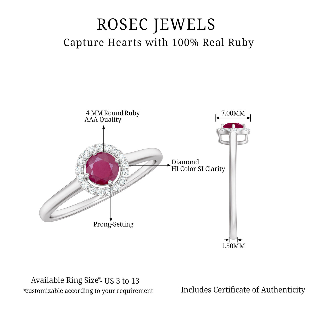 Genuine ruby promise ring with diamond halo from Rosec Jewels, featuring a central ruby gemstone surrounded by sparkling diamonds.