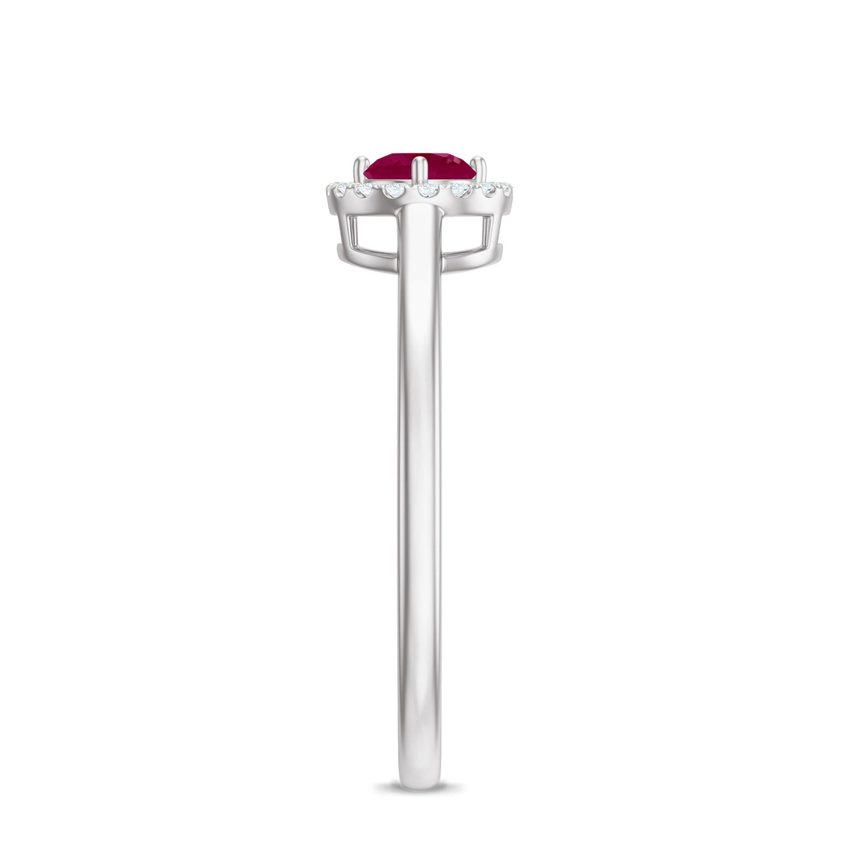 Genuine ruby promise ring with diamond halo from Rosec Jewels showing the detailed design and sparkling gemstones.