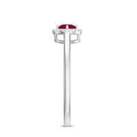 Genuine ruby promise ring with diamond halo from Rosec Jewels showing the detailed design and sparkling gemstones.