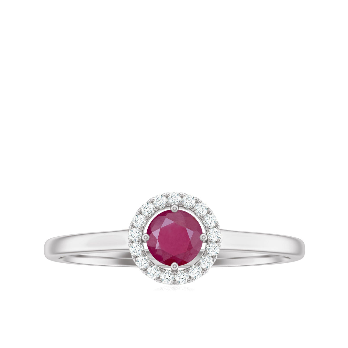 Genuine ruby promise ring with diamond halo from Rosec Jewels, showcasing a central ruby surrounded by sparkling diamonds.