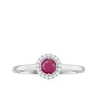 Genuine ruby promise ring with diamond halo from Rosec Jewels, showcasing a central ruby surrounded by sparkling diamonds.
