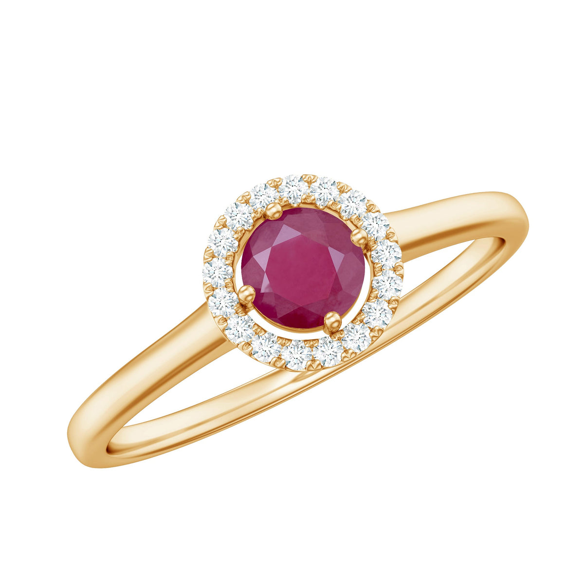 Genuine ruby promise ring with diamond halo from Rosec Jewels, showcasing a central ruby surrounded by sparkling diamonds.