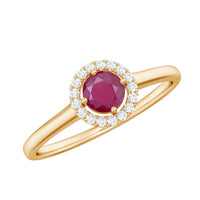 Genuine ruby promise ring with diamond halo from Rosec Jewels, showcasing a central ruby surrounded by sparkling diamonds.