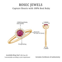 Genuine ruby promise ring by Rosec Jewels featuring a central ruby with a diamond halo setting.