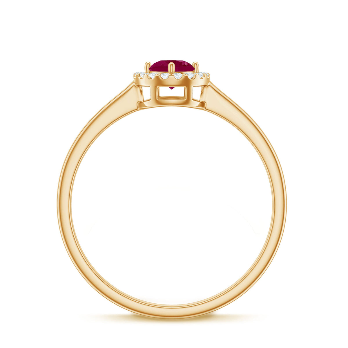 Genuine ruby promise ring with diamond halo from Rosec Jewels, featuring a vibrant ruby center stone surrounded by sparkling diamonds.