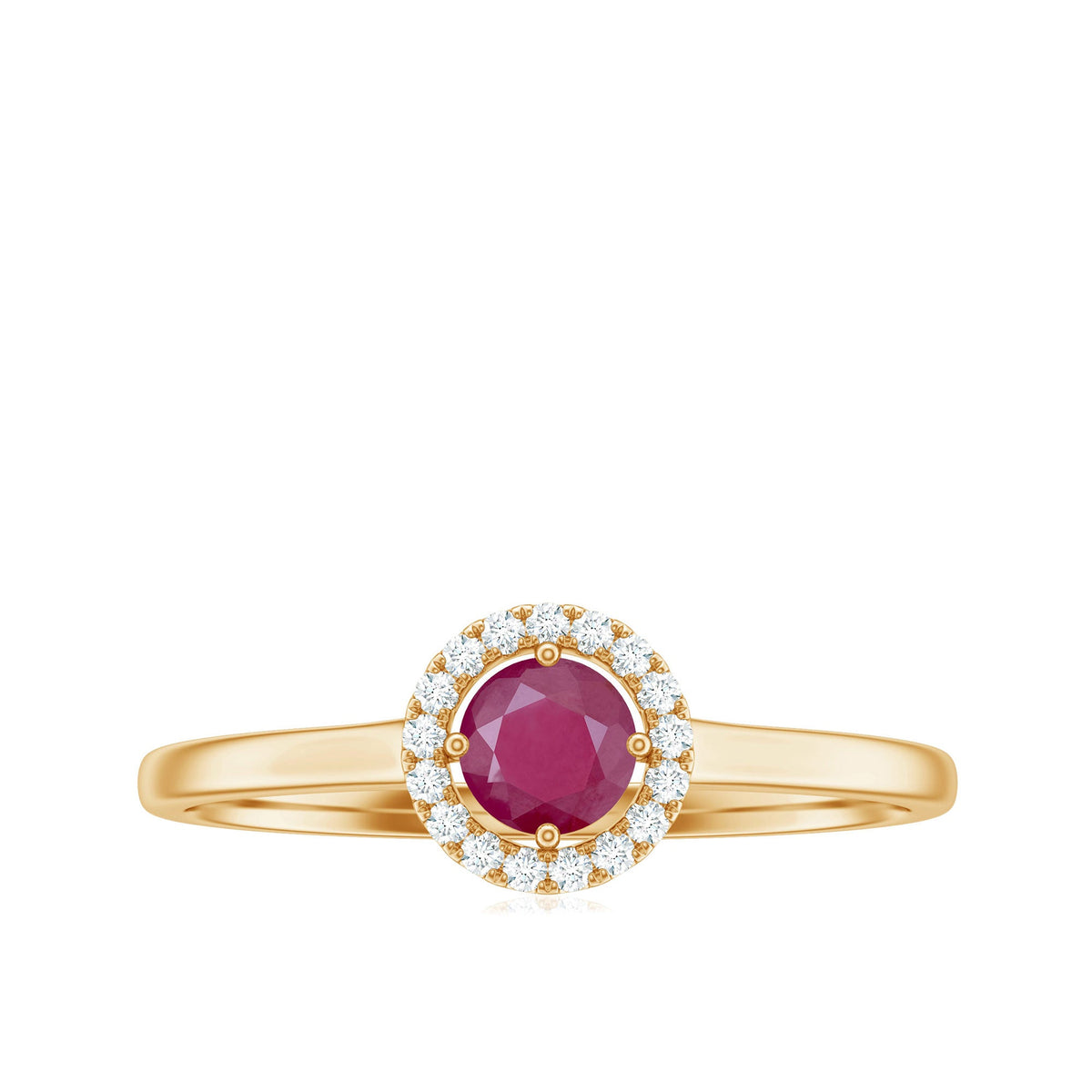 Genuine ruby promise ring with diamond halo from Rosec Jewels, featuring a vibrant ruby center and sparkling diamond accents.