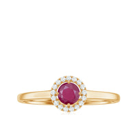 Genuine ruby promise ring with diamond halo from Rosec Jewels, featuring a vibrant ruby center and sparkling diamond accents.