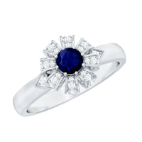 Real blue sapphire flower engagement ring with diamond accents from Rosec Jewels, showcasing intricate floral design and sparkling gemstones.