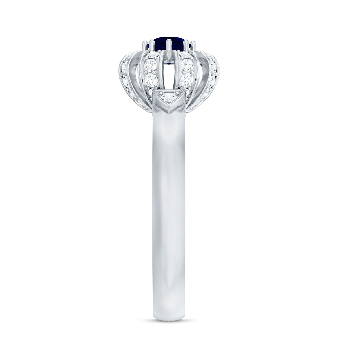 Blue sapphire flower engagement ring with diamond accents by Rosec Jewels, showcasing intricate floral design and sparkling gemstones.