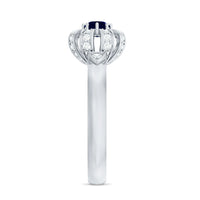 Blue sapphire flower engagement ring with diamond accents by Rosec Jewels, showcasing intricate floral design and sparkling gemstones.