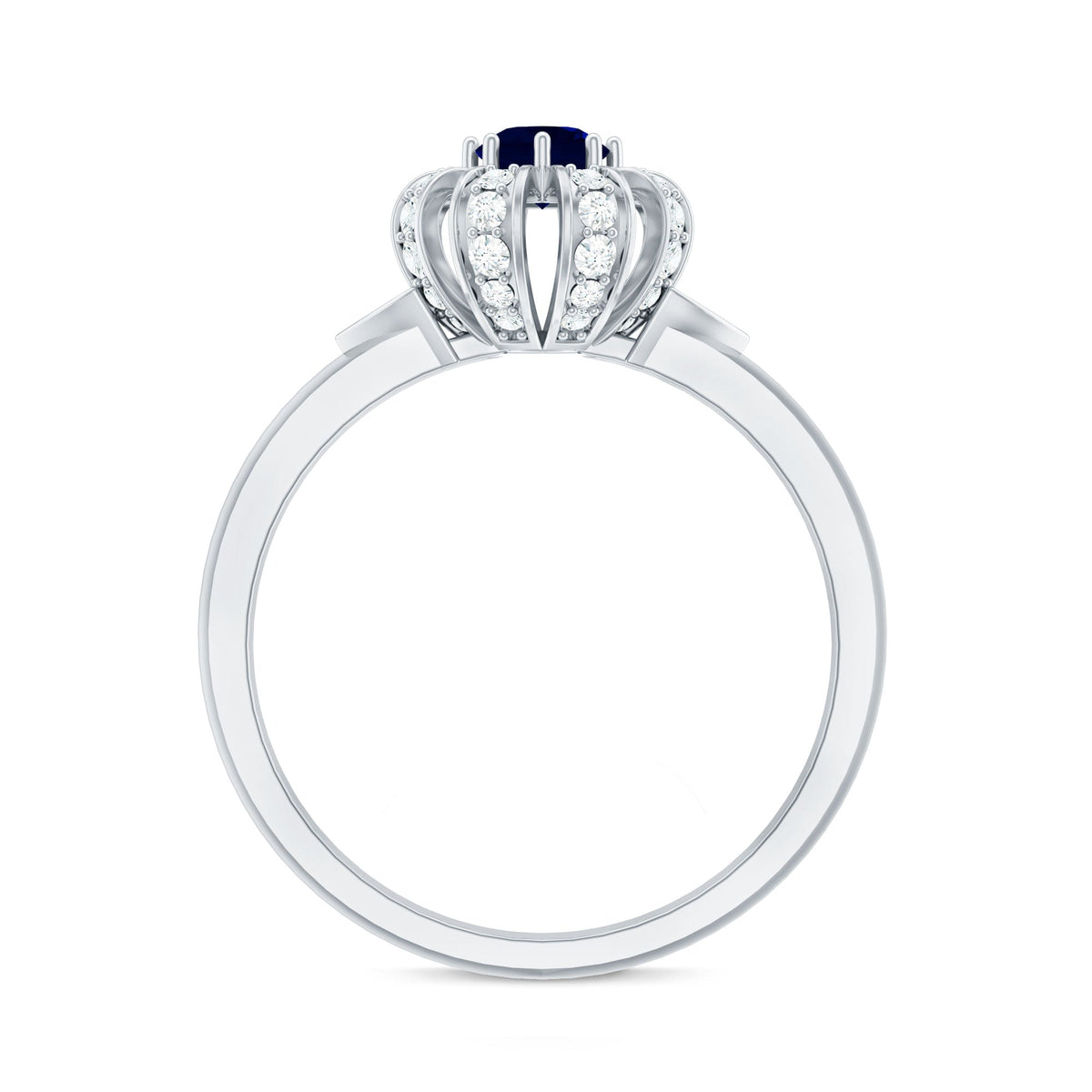 Real blue sapphire flower engagement ring with diamond accents from Rosec Jewels, showcasing intricate floral design and sparkling gemstones.