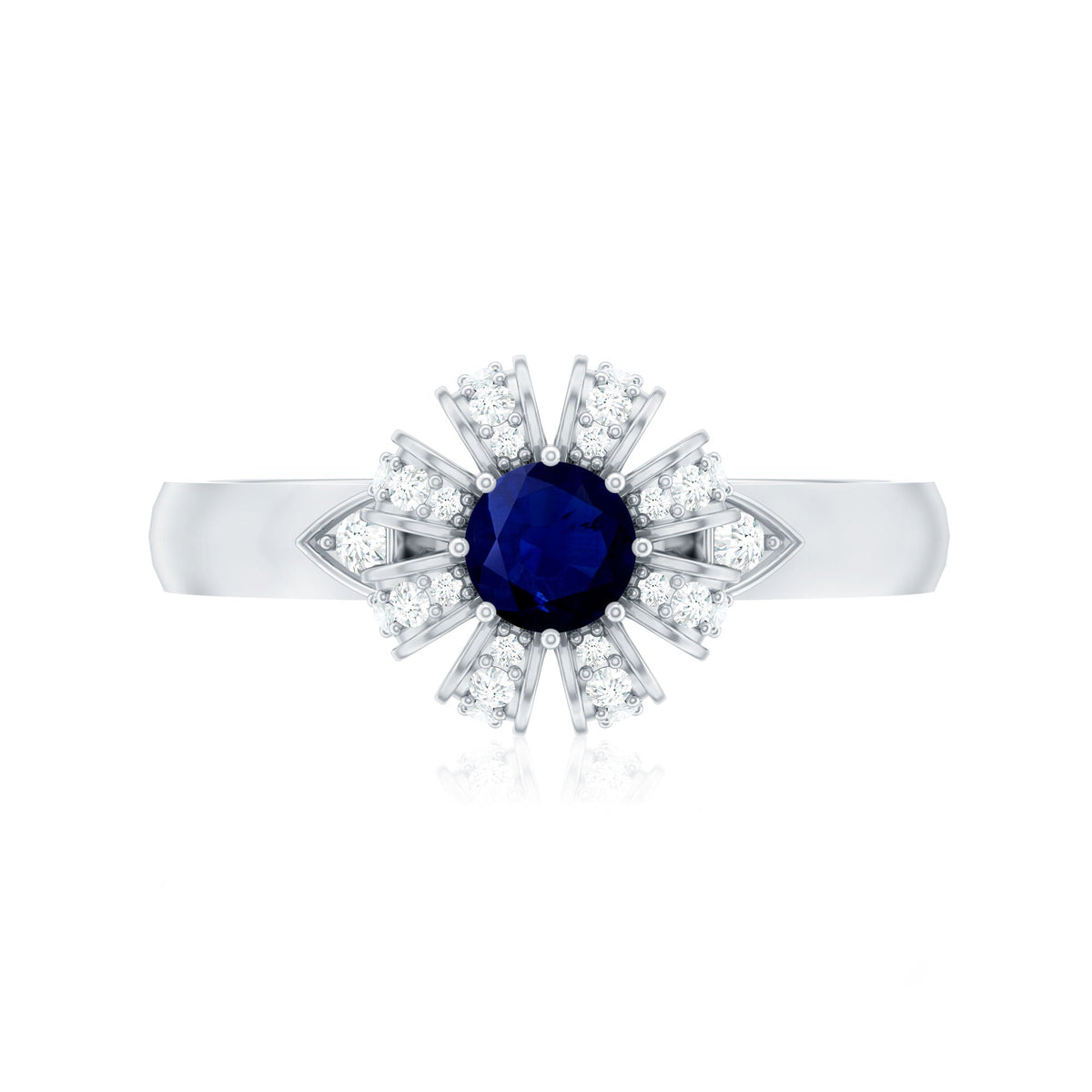 Blue sapphire flower engagement ring with diamond accents, crafted by Rosec Jewels, featuring a detailed floral design and sparkling gemstones.