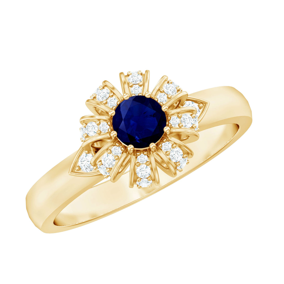 Blue sapphire flower engagement ring with diamond accents, showcasing a detailed design by Rosec Jewels.