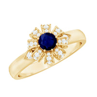 Blue sapphire flower engagement ring with diamond accents, showcasing a detailed design by Rosec Jewels.