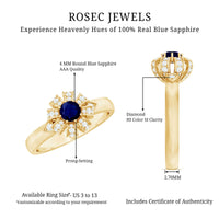 Blue sapphire flower engagement ring with diamonds by Rosec Jewels featuring a detailed gemstone design and elegant band.